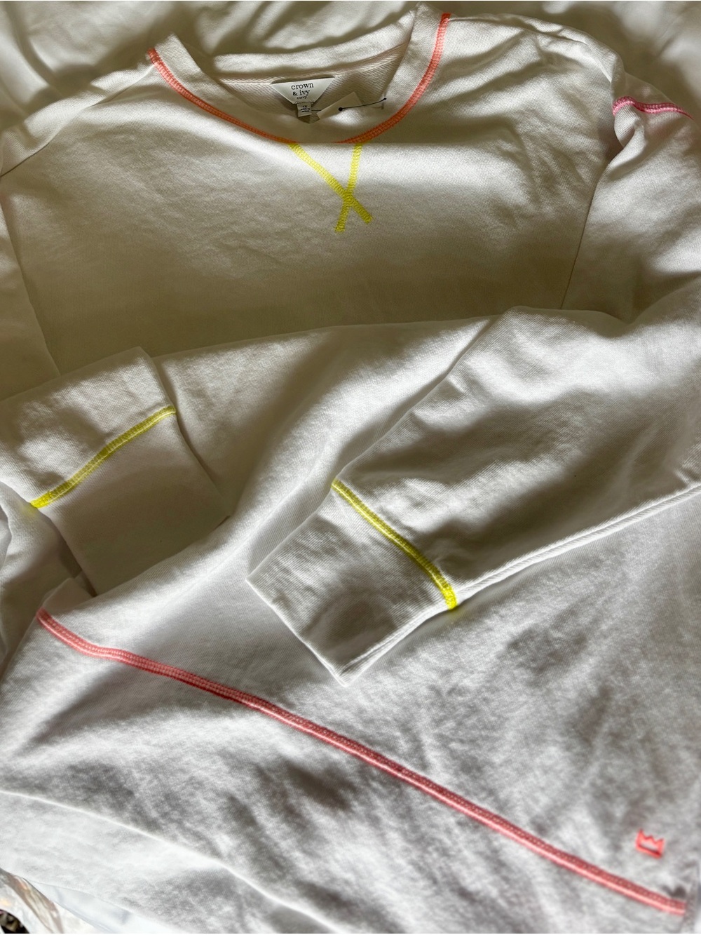 Crown & Ivy Curvy Neon Contrast Stitch White Sweatshirt 1X NWT